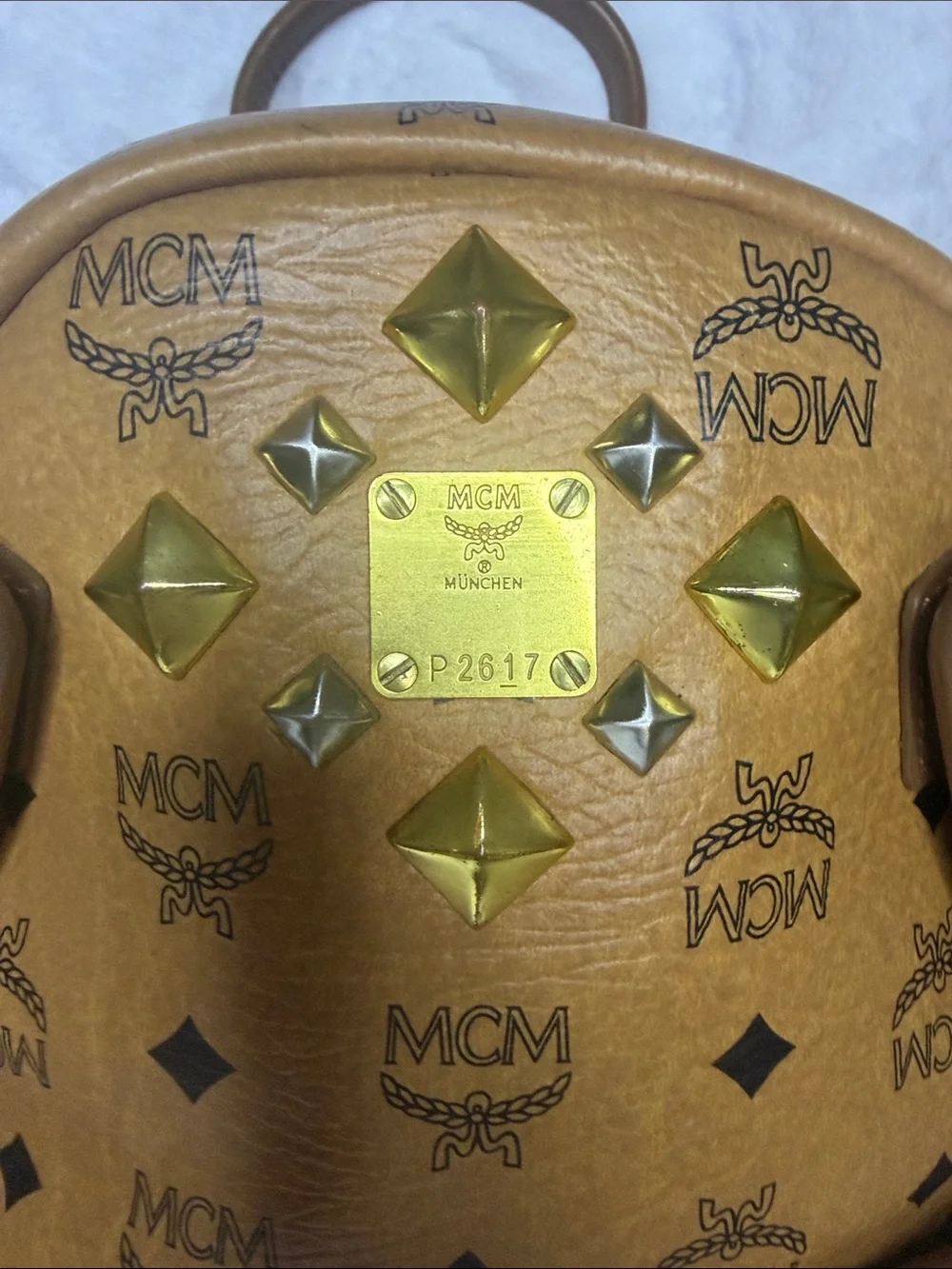 MCM Cognac Visetos Monogram Studded 2- Way Backpack Removable Pouch and Strap